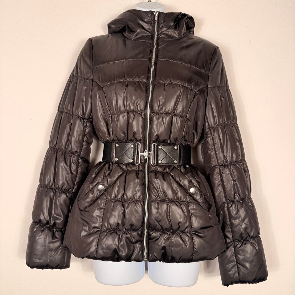 H&M Brown Belted Hooded Puffer Jacket Women’s Size 2 Y2K